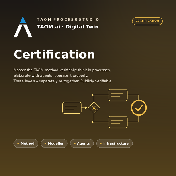 Produktkarte TAOM Zertifizierung in Gold, englisch.