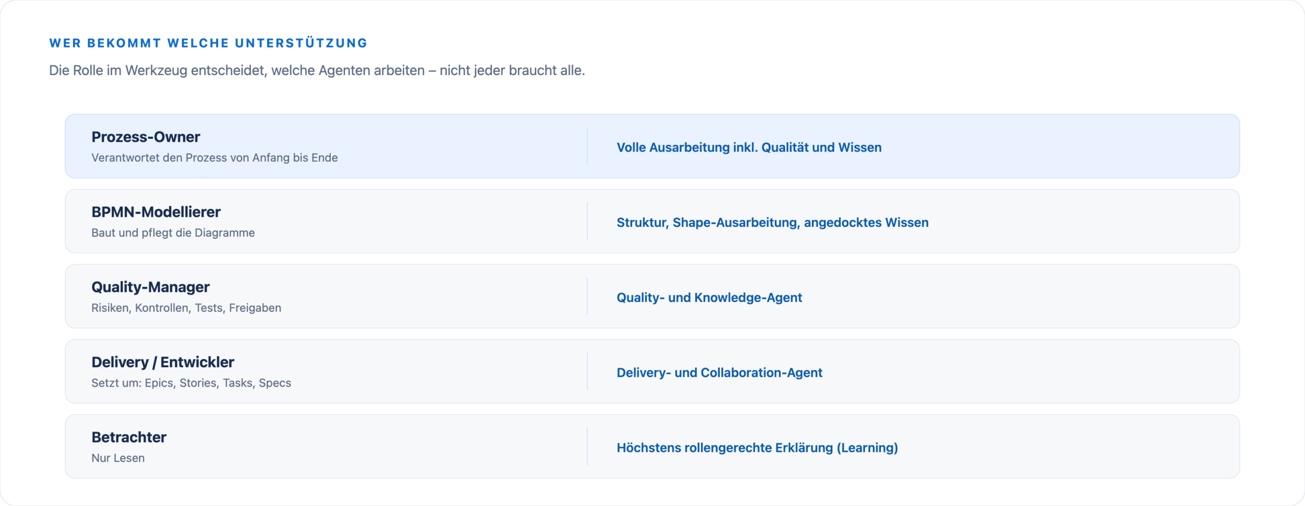 Zuordnung der Agenten zu den Rollen Prozess-Owner, BPMN-Modellierer, Quality-Manager, Delivery und Betrachter.