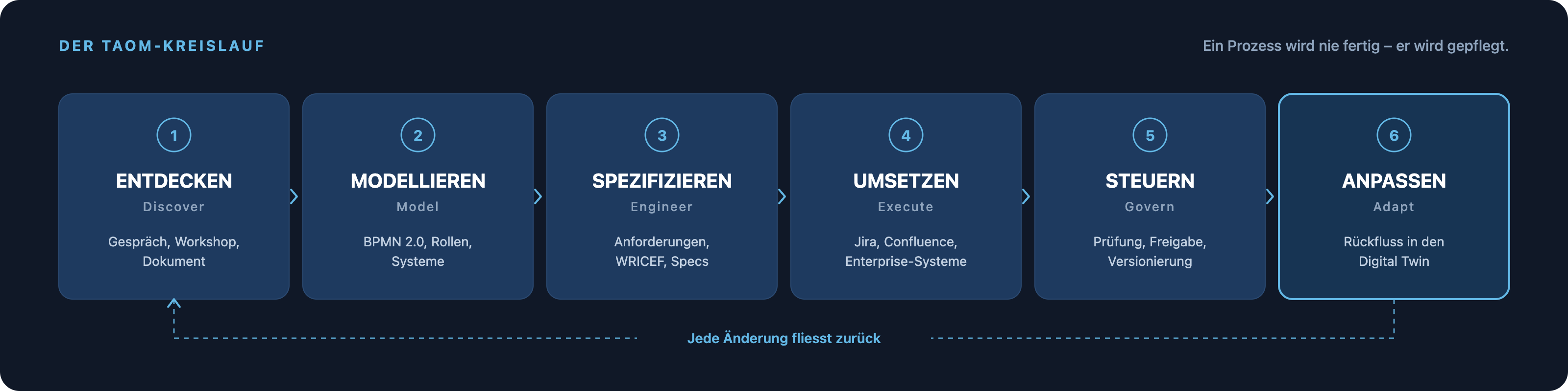 Der TAOM-Kreislauf in sechs Schritten: Entdecken, Modellieren, Spezifizieren, Umsetzen, Steuern, Anpassen. Der letzte Schritt führt zurück zum ersten.