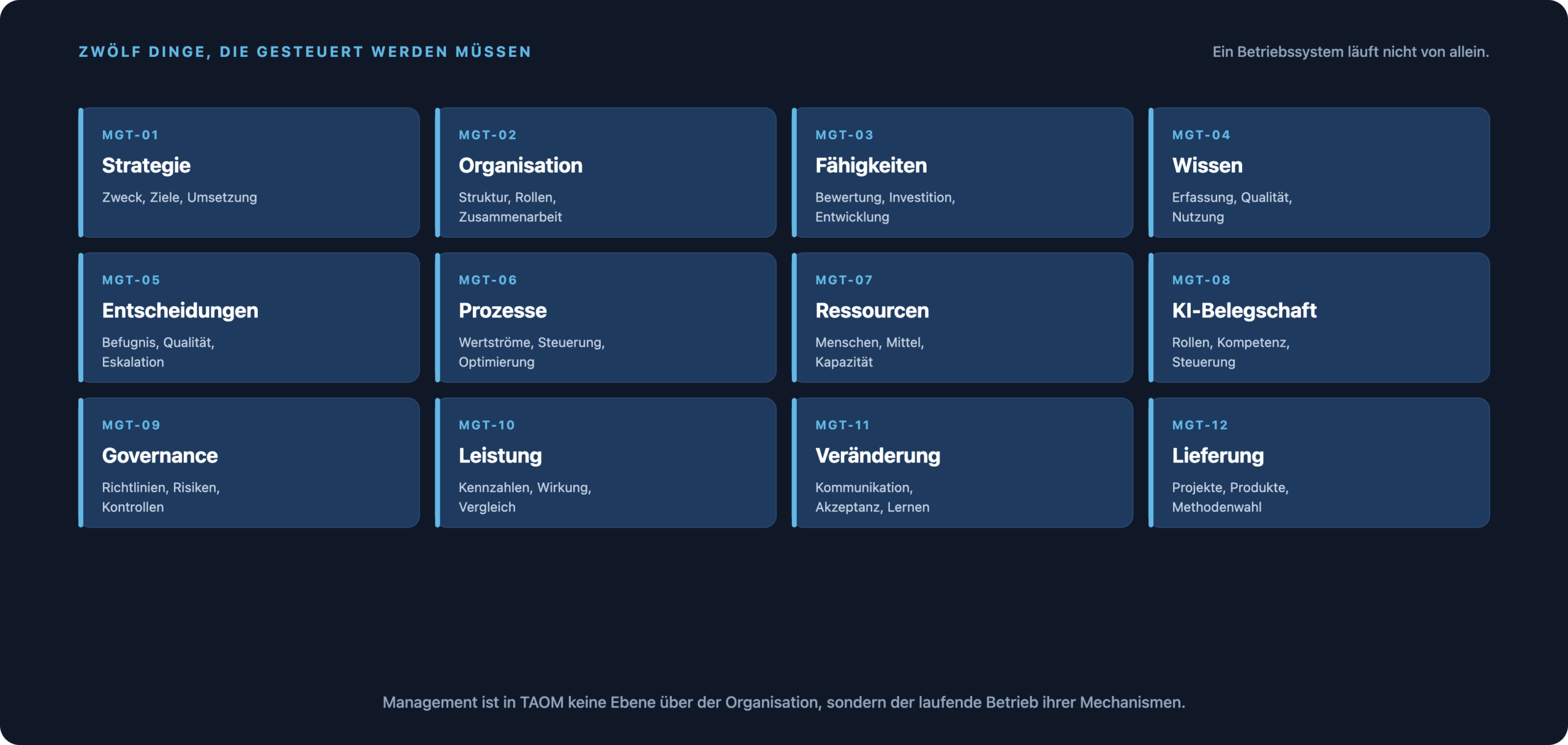 MGT-01 bis MGT-12 von Strategie über Wissen, Entscheidungen, Prozesse und KI-Belegschaft bis Lieferung.
