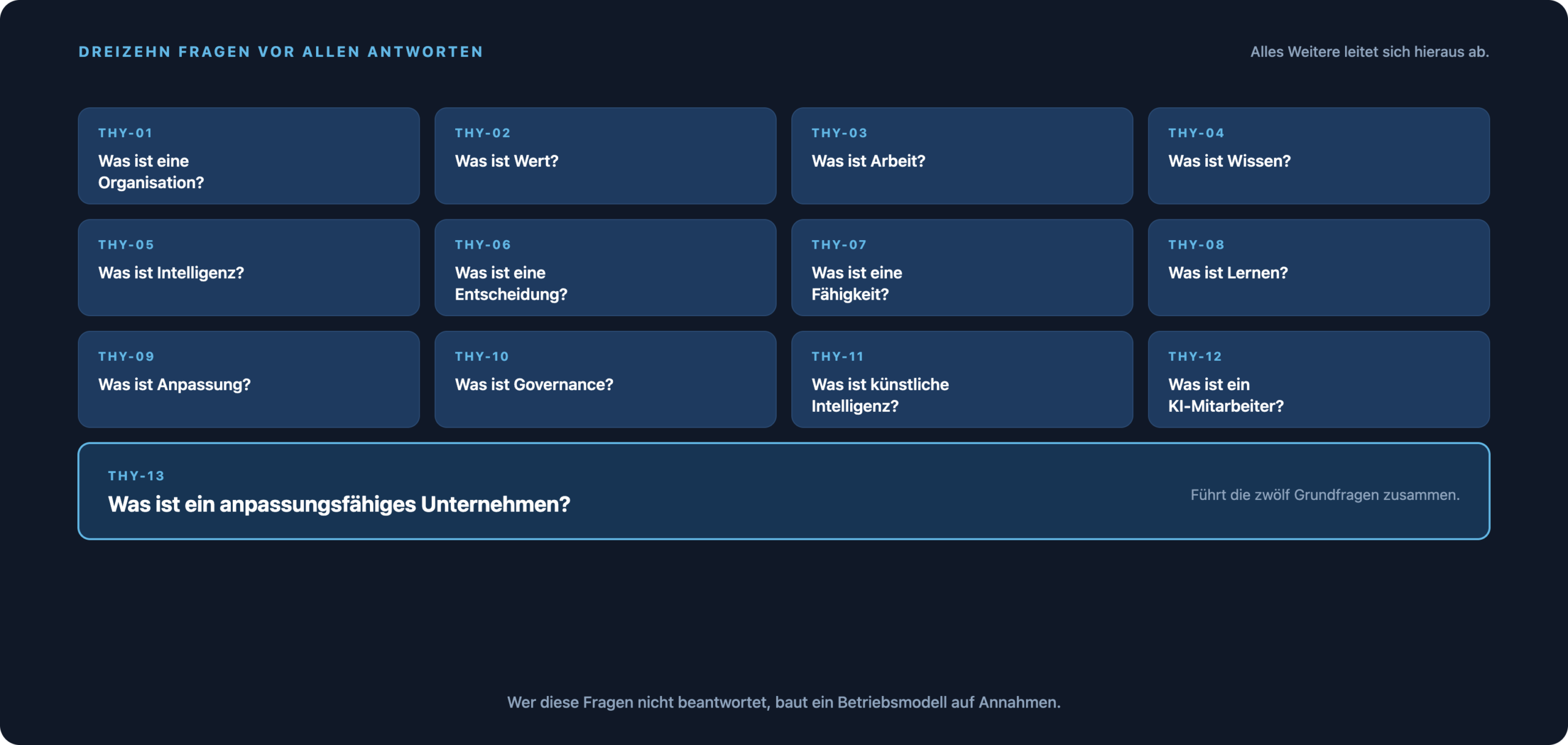 THY-01 bis THY-12 als Grundfragen, THY-13 führt sie zur Theorie des anpassungsfähigen Unternehmens zusammen.