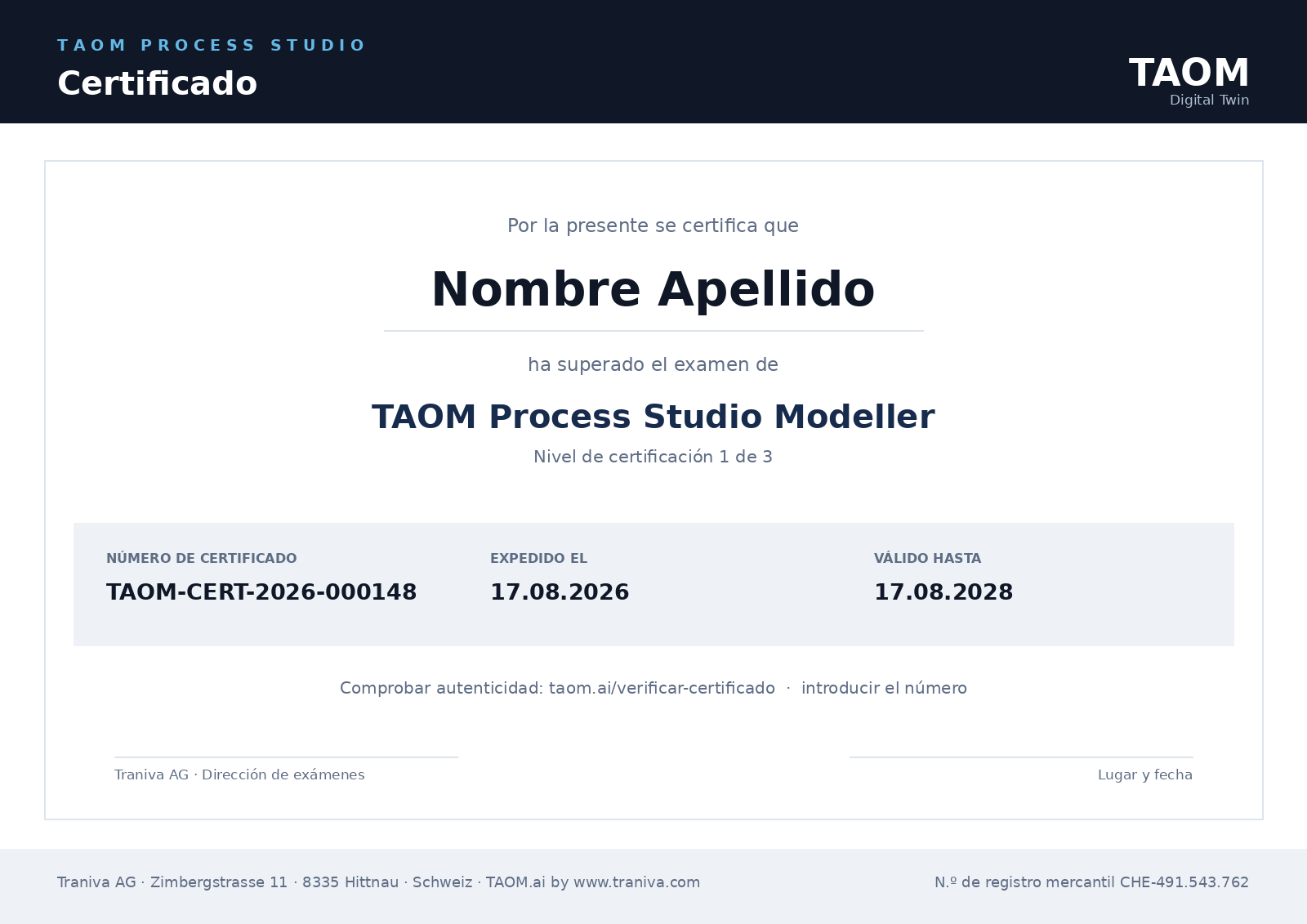 Certificado TAOM de muestra con número, nivel y validez